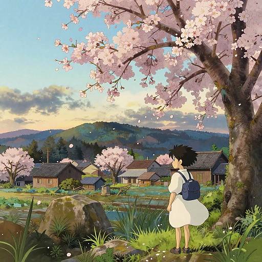 Anime-style drawing of a black-haired girl in a white dress and backpack, standing under pink cherry blossoms, looking at a village with traditional houses and