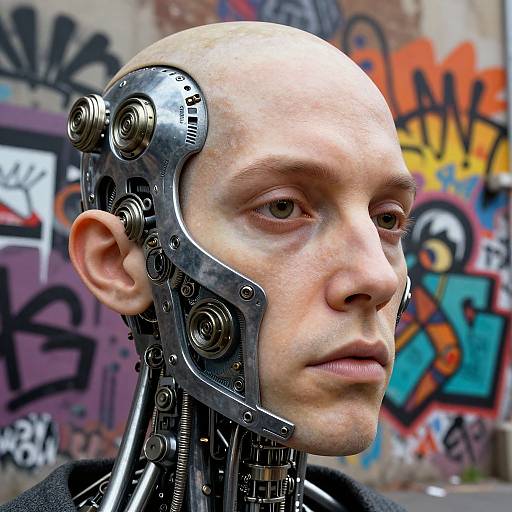 Photograph of a bald man with a cybernetic head, featuring metallic gears and wires, against a colorful graffiti-laden urban wall.