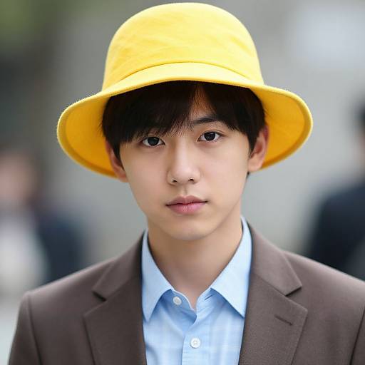 Photograph of a young Asian man with fair skin, black hair, wearing a yellow hat, brown blazer, and light blue shirt, looking serious