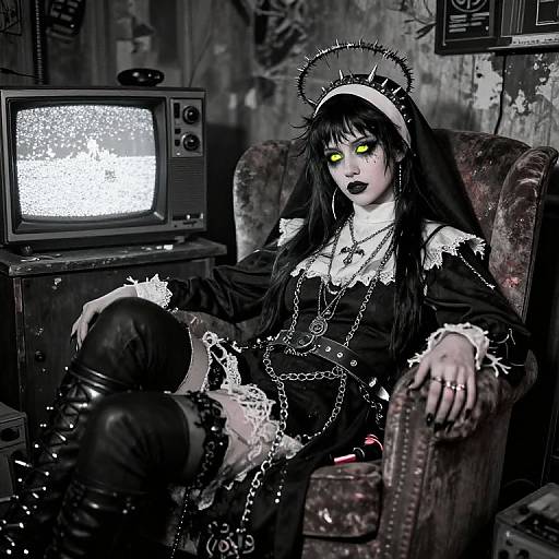 Dark gothic nun with glowing yellow eyes, black dress, chains, and spiked halo, sitting in worn armchair beside old TV.