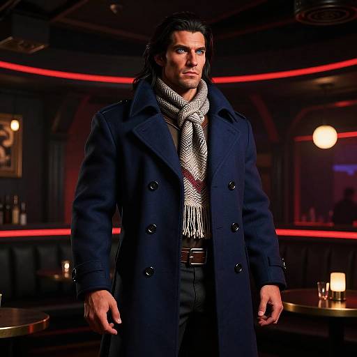 Photograph of a handsome, dark-haired man with a strong jawline, wearing a navy coat and black-and-white scarf, standing in a dimly