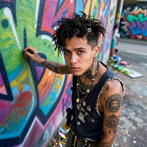 Photograph of a tattooed, punk-styled woman with short, spiky black hair, wearing a black tank top and multiple piercings,