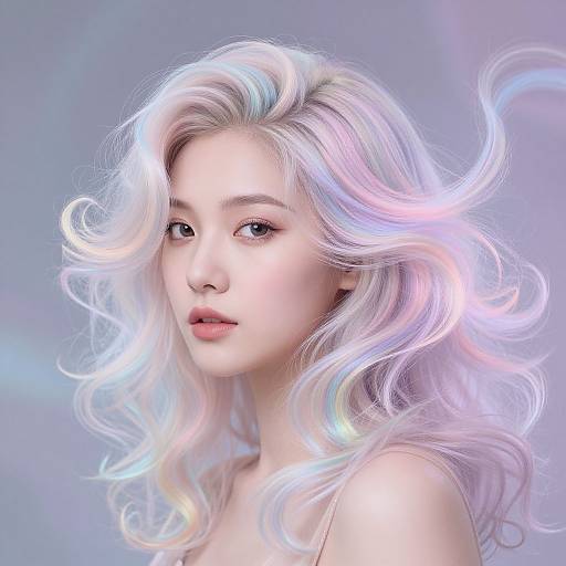 Digital art of an ethereal young woman with luminescent, iridescent white and pink wavy hair, pale skin, and soft pink lips