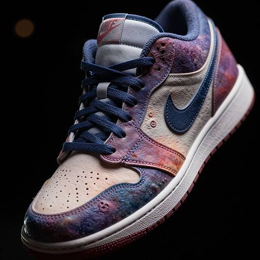 Photograph of a colorful, galaxy-patterned Nike sneaker with black laces, white and beige mesh upper, and a dark blue Nike swoosh