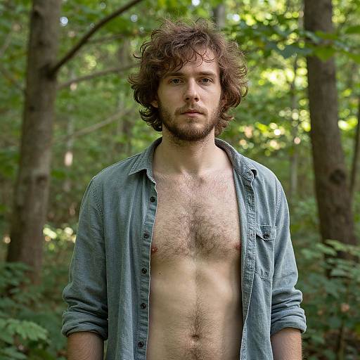 Photograph of a bearded, shirtless man with tousled brown hair, wearing an open blue shirt, standing in a sunlit forest.