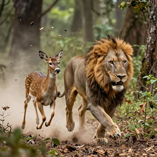 Photograph of a powerful lion with a thick mane walking beside a deer in a dense, sunlit forest, with dust kicked up by their movement.