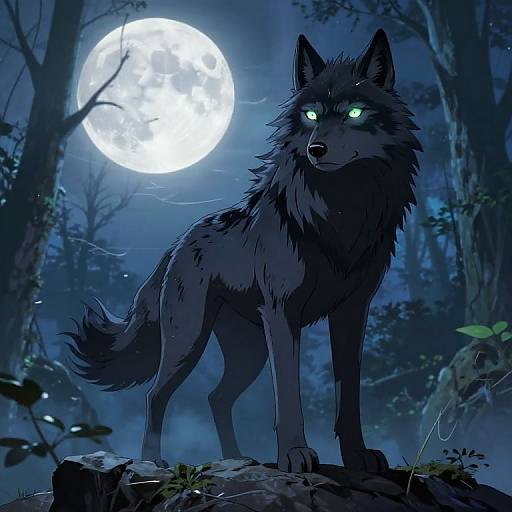 Digital illustration of a glowing, blue-eyed, dark-furred wolf standing on a rock in a moonlit forest, surrounded by trees and foliage.