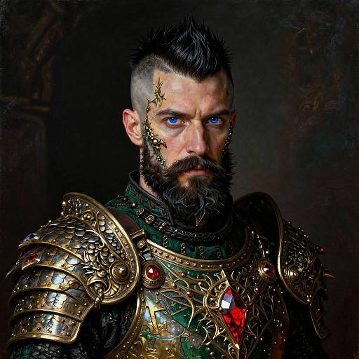 Photograph of a muscular bearded man with blue eyes, wearing ornate, gold-plated medieval armor adorned with red gems, against a dark,