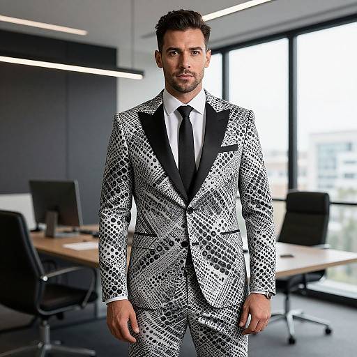 Photograph of a handsome man with short, dark hair, wearing a black and white patterned suit, black tie, and white shirt, standing in