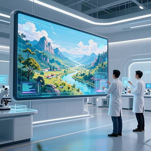 Photorealistic CGI of two scientists in white lab coats, standing in a modern, brightly-lit lab, observing a large, high-definition digital landscape