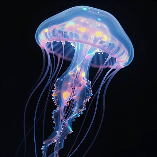 Photograph of a glowing, translucent jellyfish with vibrant blue, purple, and pink hues, floating against a black background. Its long, wavy