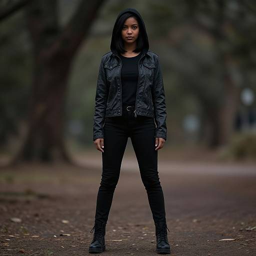 Photograph of a serious-looking young Black woman with long black hair, wearing a black jacket, black shirt, black jeans, and black boots, standing