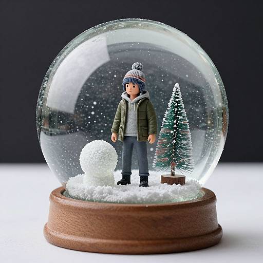 Photograph of a detailed snow globe featuring a winter-dressed child in a green jacket, blue hat, and jeans, standing beside a small pine tree