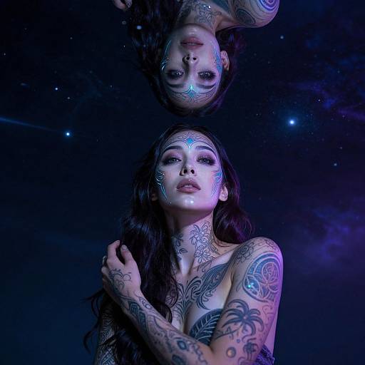Photograph of two tattooed women with glowing blue face paint, upside-down, against a dark, starry space background, highlighting intricate body art.