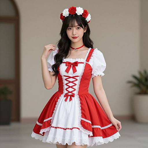 Photograph of an Asian woman with long black hair, wearing a red and white lace-trimmed dress, red bow, corset lacing,
