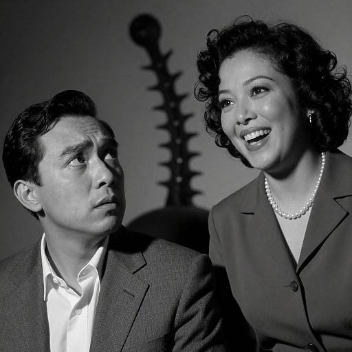 Black and White Portrait of Concerned Man and Smiling Woman