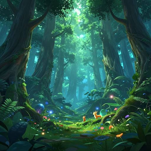 Whimsical digital painting of a mystical forest with glowing fireflies, vibrant mushrooms, and luminous green light filtering through towering trees.