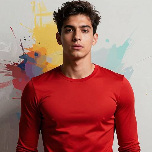 Photograph of a young man with dark, curly hair, wearing a fitted red long-sleeve shirt, against a colorful abstract background.