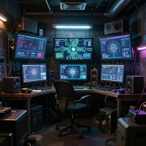 Cyberpunk Hacker's Den with Multiple Screens