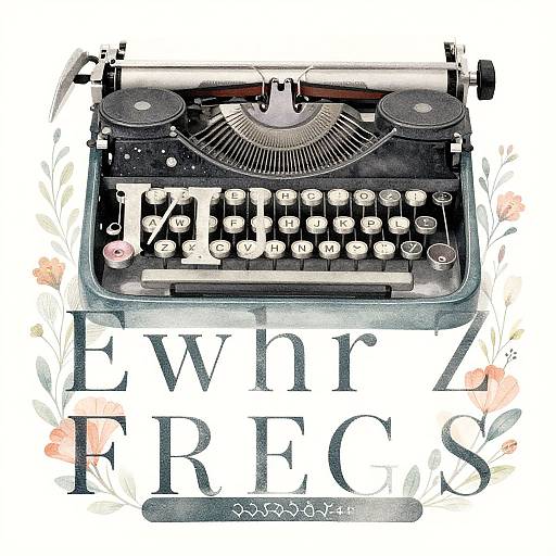 Illustrated vintage typewriter with floral accents, white keys, and 