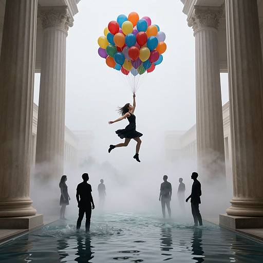 Silhouetted woman with colorful balloons jumps mid-air in grand, misty, columned hall, surrounded by silhouetted men in suits