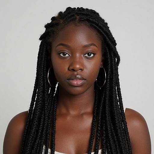 Photograph of a young Black woman with dark skin, long black dreadlocks, wearing large hoop earrings, and a sleeveless top, against a plain