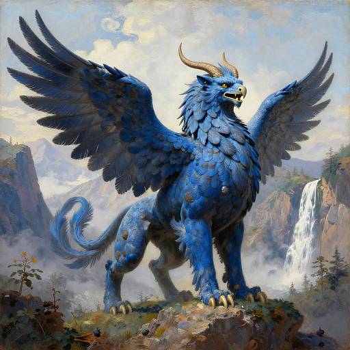 Digital painting of a majestic blue griffin with large wings, sharp claws, and horns, standing on a rocky cliff beside a waterfall.
