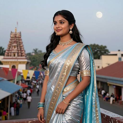 Photograph of an Indian woman with long black hair, wearing a silver and blue sari with gold trim, standing on a busy street with a temple