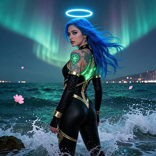 Digital artwork of a blue-haired woman with tattoos, glowing halo, black and gold bodysuit, standing in ocean waves under Northern Lights.