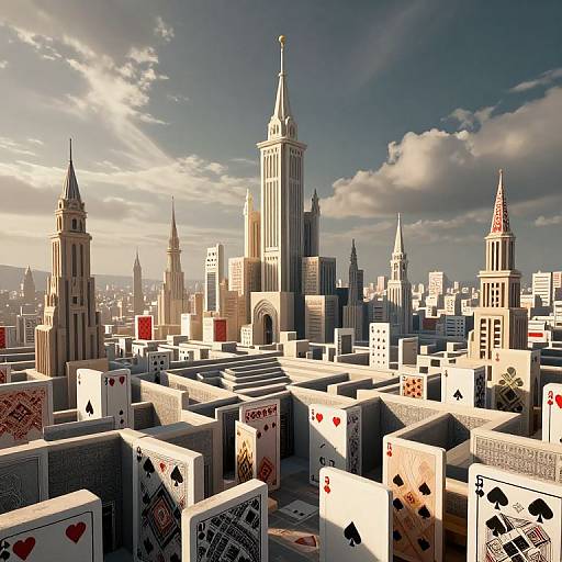 Digital art of a cityscape with skyscrapers made from playing cards, under a cloudy sky, featuring iconic buildings like the Empire State.