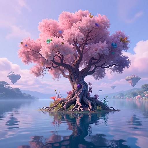 Digital painting of a fantastical pink cherry tree with colorful butterflies, rooted in a serene, reflective lake under a bright blue sky.