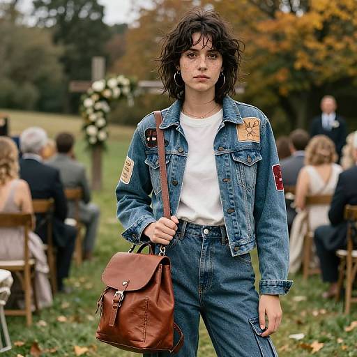 Photograph of a young woman with messy black hair, wearing a white tee, blue denim jacket, and high-waisted jeans, carrying a brown