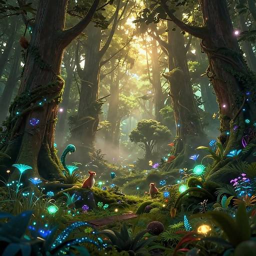 Enchanted forest at dawn, illuminated by glowing blue and purple mushrooms, surrounded by tall trees, and lit by golden sunlight. Digital artwork.