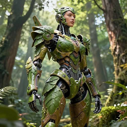 CGI image of a female robot with green, leaf-like armor standing in a sunlit forest, showcasing futuristic, nature-inspired design.