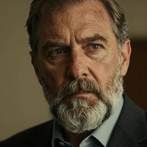 Photograph of a serious, middle-aged man with gray beard and hair, blue eyes, wearing a dark suit and light blue shirt. Dimly lit