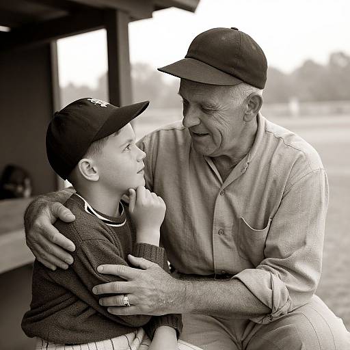 Black-and-white photograph of an elderly man with a cap hugging a young boy in a baseball cap, both smiling at each other. Outdoor setting with