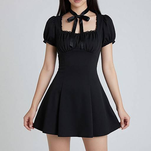 Photograph of a woman with long black hair wearing a black, short-sleeved, ruffled, flared dress with a ribbon choker.