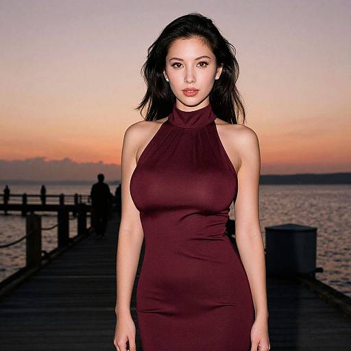 Photograph of an Asian woman with long black hair, wearing a form-fitting, sleeveless, high-neck burgundy dress, standing on a wooden