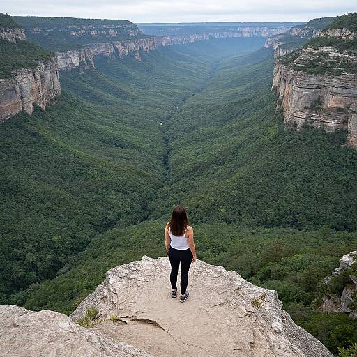 Photograph of a woman with long dark hair in a white tank top and black pants, standing on a rocky cliff, gazing at a vast,