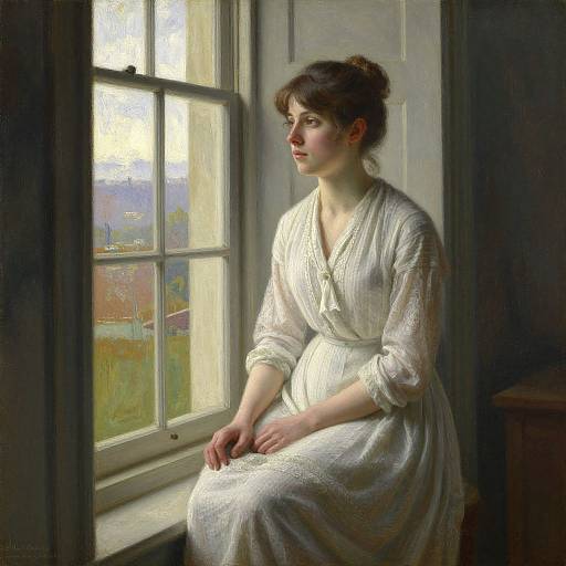 Realistic digital painting of a pensive brunette woman in a white, textured dress, seated by a sunlit window, gazing outside.
