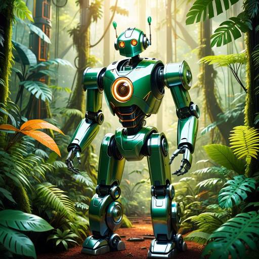 Chrome Robot in Lush Rainforest Setting