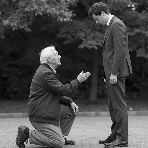 Black-and-White Elder Reaching Younger Man Outdoors