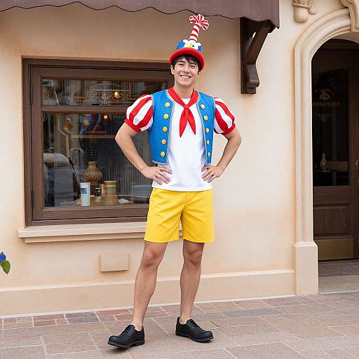 Photograph of a smiling man in a clown outfit with blue vest, red and white shirt, yellow shorts, black shoes, and a candy cane hat