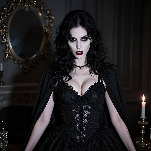 Gothic woman with pale skin, black lace corset, and cape, standing in dark, ornate room with candlelight, oval mirror,