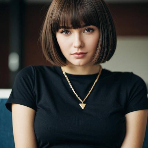 Young Woman with Blunt Bob Haircut and Gold Necklace