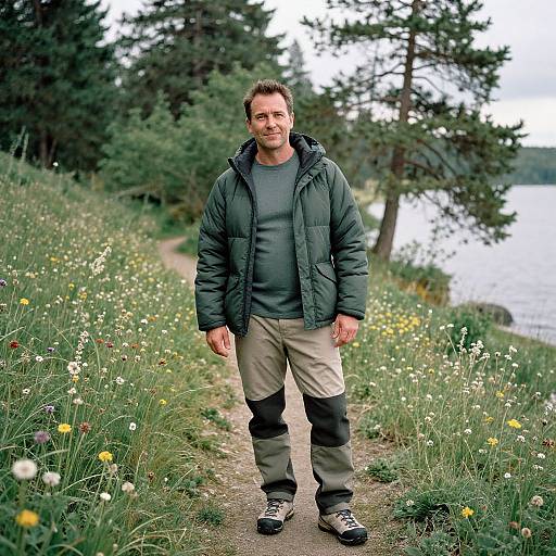 Photograph of a smiling, muscular man in a green jacket, gray shirt, beige pants, black knee pads, standing on a grassy path with