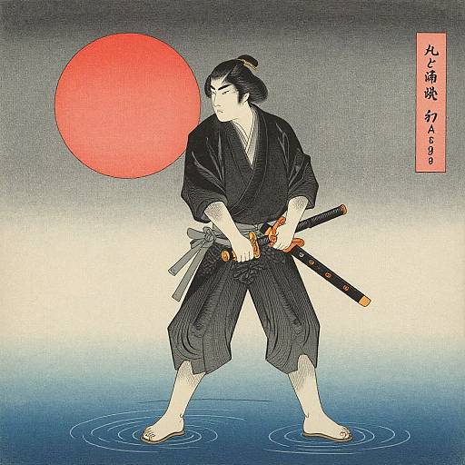 Traditional Japanese woodblock print of a samurai with black hair in a topknot, wearing a black kimono, holding a sword, standing in