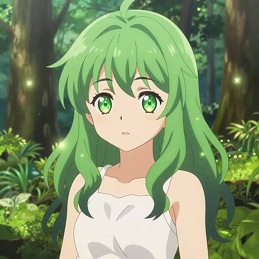 Anime Girl with Green Hair in Forest