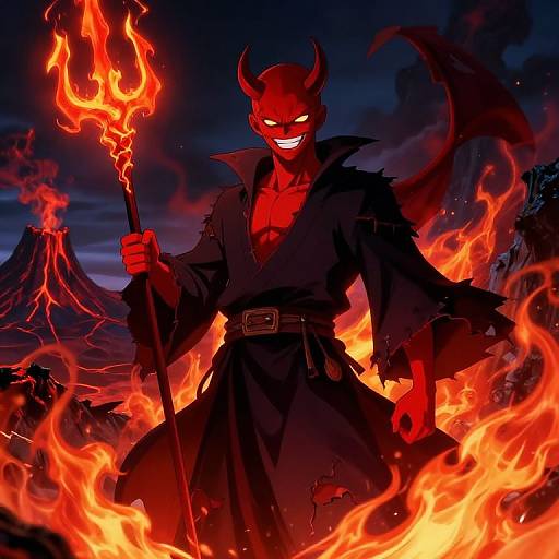 Digital artwork of a red-skinned, horned demon with glowing white eyes, grinning maniacally, holding a fiery trident in a volcanic