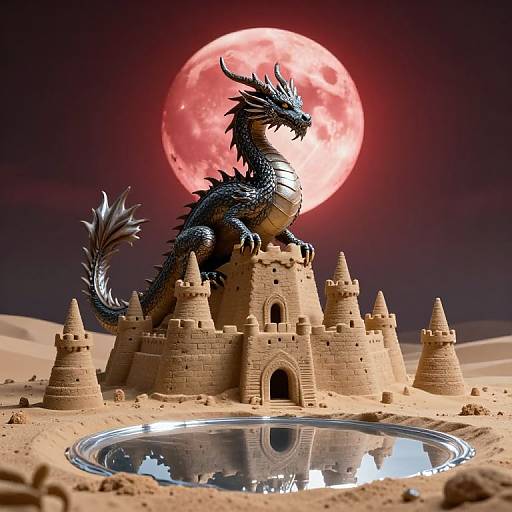 Photorealistic CGI of a blue-scaled dragon perched on a sandcastle with towers, under a large red moon, beside a reflective pool.